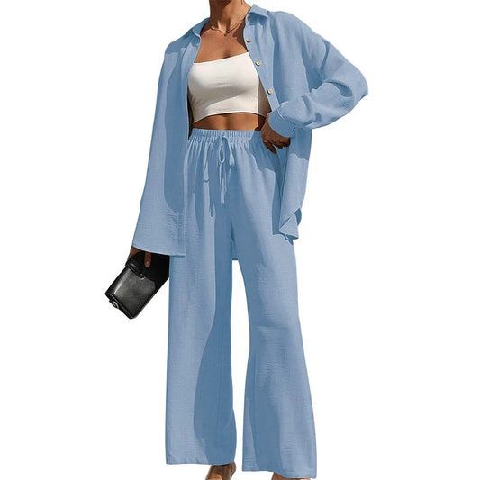 Nolira™ | Women's Spring/Summer 2025 Set – Button-Up Shirt and High-Waisted Wide-Leg Trousers