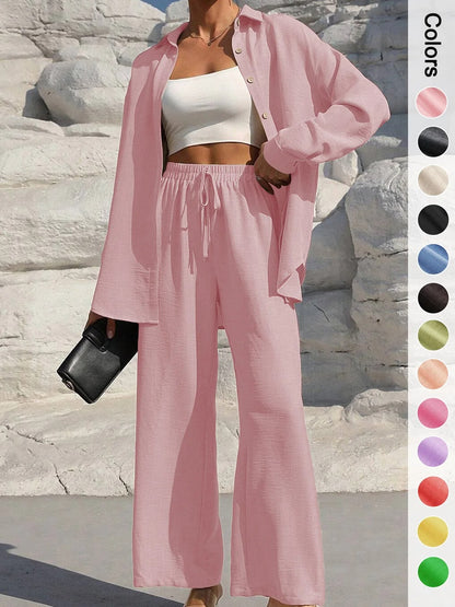 Nolira™ | Women's Spring/Summer 2025 Set – Button-Up Shirt and High-Waisted Wide-Leg Trousers
