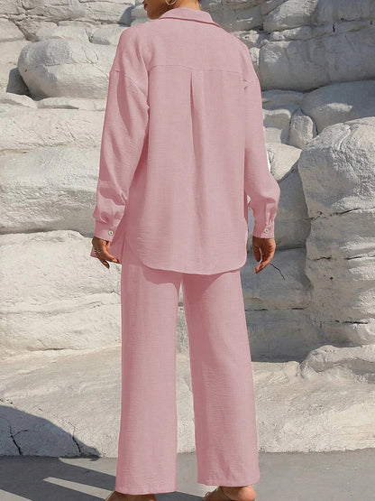 Nolira™ | Women's Spring/Summer 2025 Set – Button-Up Shirt and High-Waisted Wide-Leg Trousers