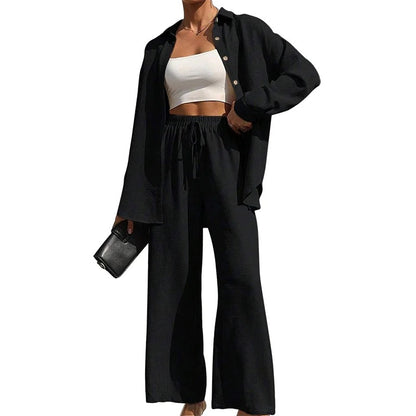 Nolira™ | Women's Spring/Summer 2025 Set – Button-Up Shirt and High-Waisted Wide-Leg Trousers